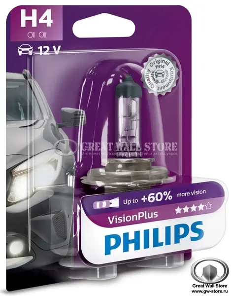 Лампа галогенная H4 Philips VisionPlus +60% 12V 60/55W (блистер 1шт)