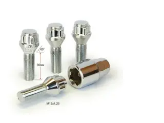Секретки на колеса (болты) М12*1,25*30, Хром,Конус с выступом,5 луч. 1кл. ( литой диск)